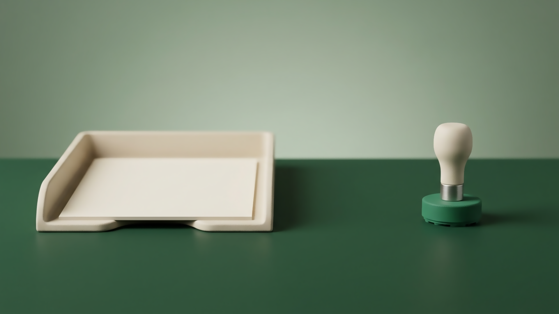 A single blank document waiting in a paper tray, with the approval stamp standing well out of reach across the desk