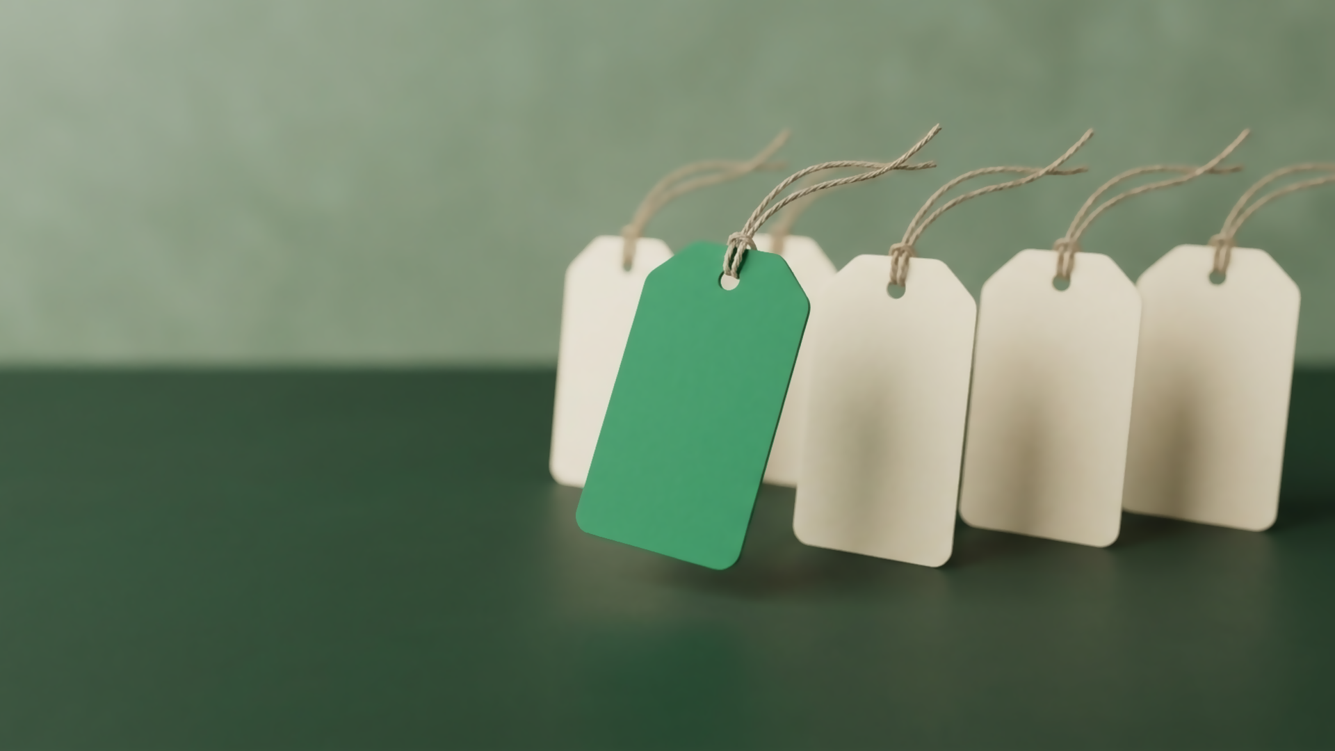 A row of blank cream product tags with one tag in fresh green lifted forward, the single chosen variant standing out from the set