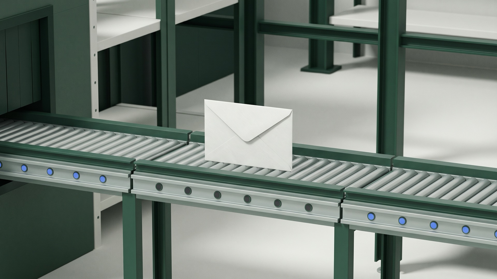 An envelope stalled on a warehouse conveyor belt, representing a restock alert email that never reached the customer