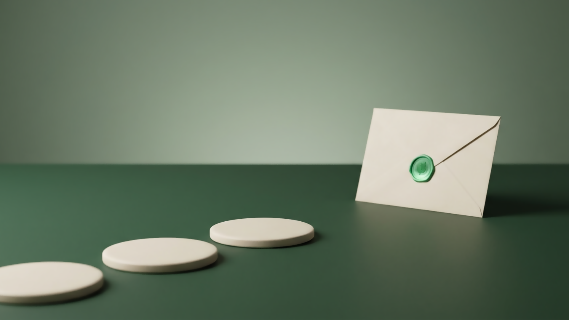 Cream stepping stones crossing a desk toward a sealed envelope, the path stopping short at a missing step