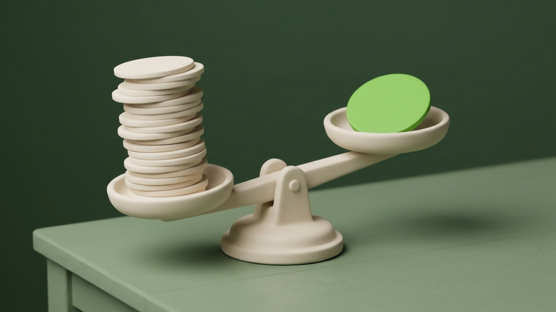 A cream balance scale on a green desk with a tall stack of plain unmarked discs on one pan and a single green disc on the other, the beam tilted hard toward the tall stack