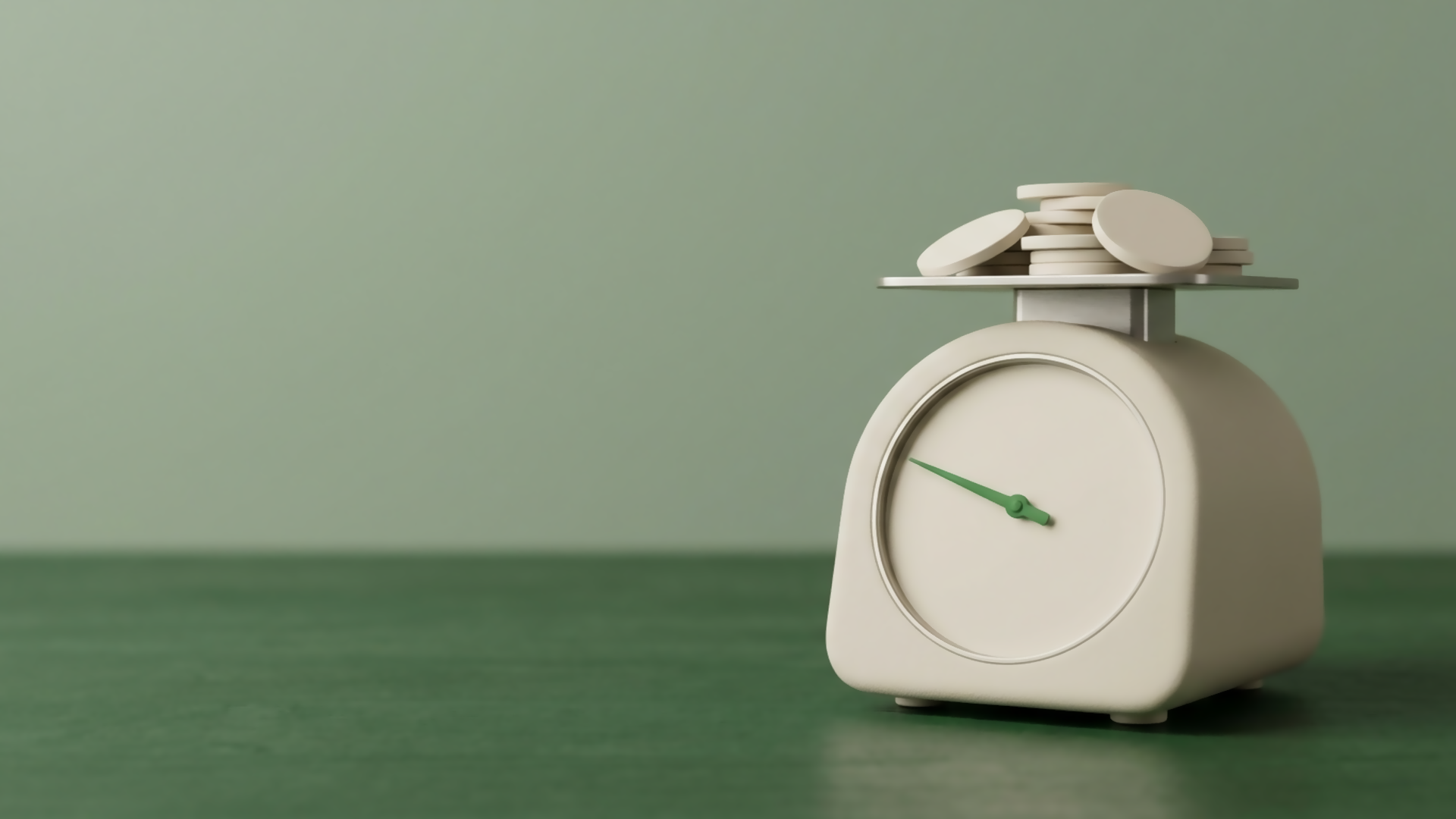 A cream kitchen scale on a green desk with a loose pile of plain unmarked discs on its platform, its single green needle resting off centre against a completely blank dial